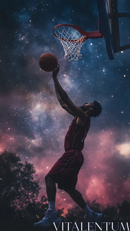 Basketball player jumps for layup under stylized night sky