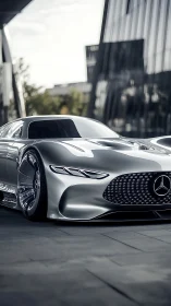 Silver Mercedes concept coupe stands beside glass buildings