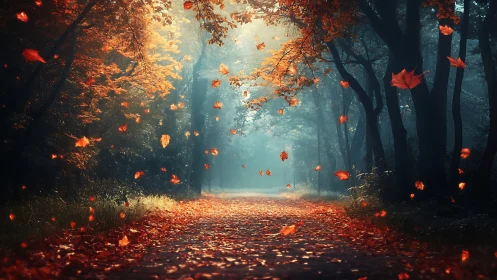 Autumn Forest Path with Falling Leaves.