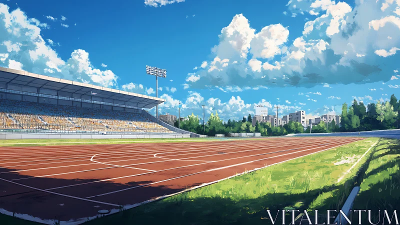 Silent summer stadium waits beneath drifting storybook clouds