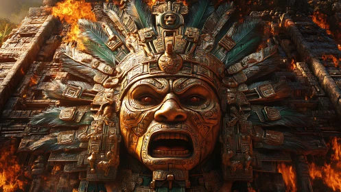 Fiery Aztec stone deity roars from an ancient temple facade