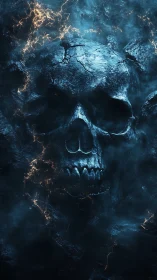 Electrified obsidian skull relief in volumetric blue mist.