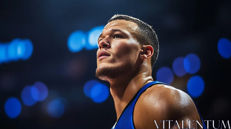 Male basketball player under arena lights in close-up view.