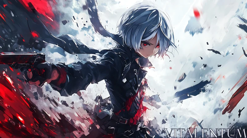 Dynamic anime gunfighter framed by radial blood and debris field