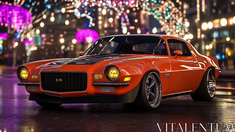 Restored orange muscle car under bokeh city lights at night