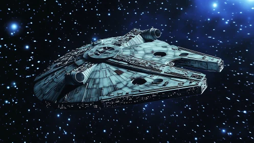Iconic disc-shaped starship cruises through deep space.