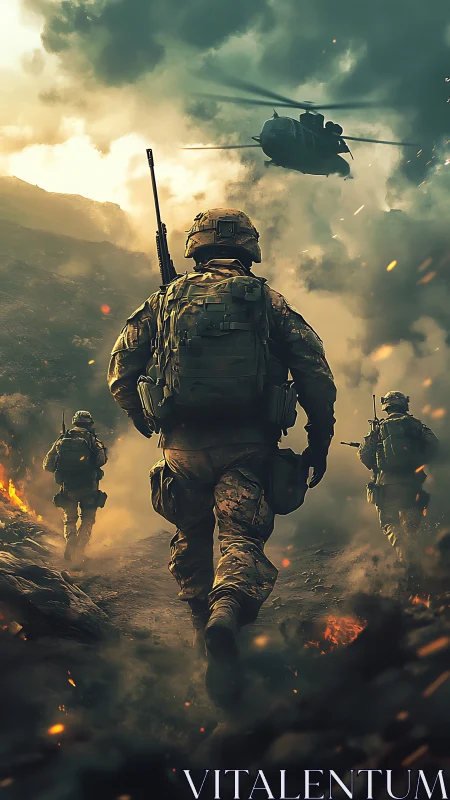 Soldiers advance through burning battlefield under helicopter