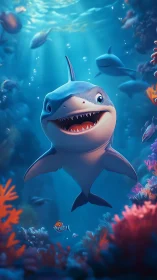 Grinning baby shark glides through sunlit coral playground