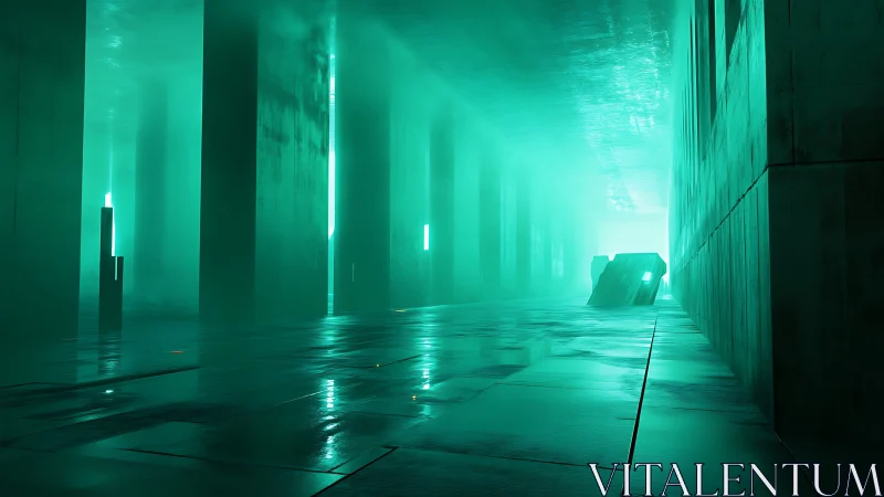 Futuristic teal corridor with pillars and glowing monoliths.