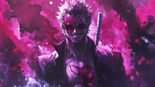 Stylized swordsman stands amid diffuse magenta vapor field