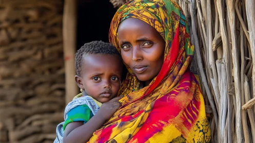 Mother and Child Portrait in Colorful Traditional Attire, Natural Light.