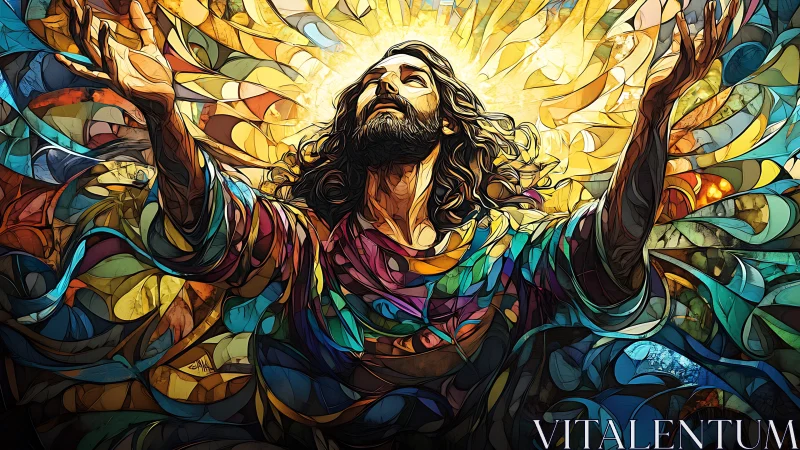 Radiant robed figure rendered in layered stained glass geometry