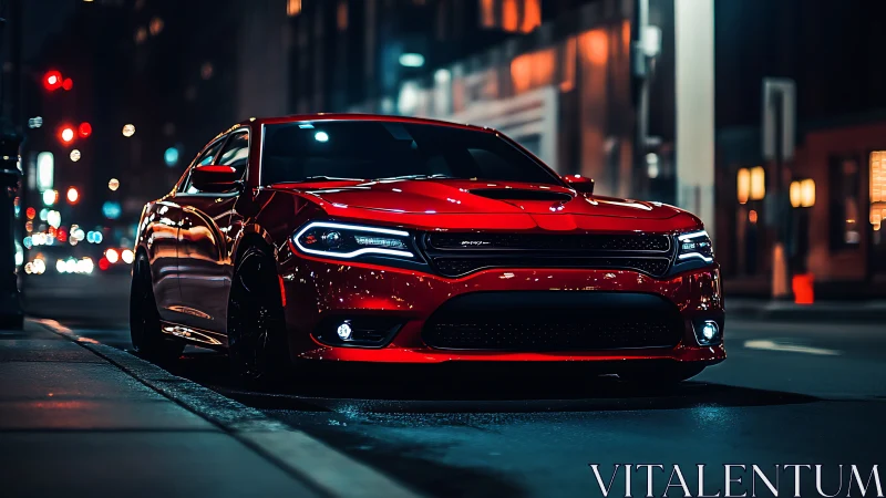 Red performance sedan parked on urban street at night.