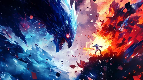 Flamebearer defies the abyssal ice dragon in shattering sky.
