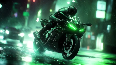 Neon-lit superbike racing through cinematic wet night streets.