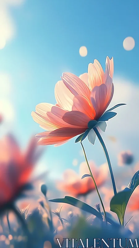 Pink and coral flower against bright blue sky with bokeh depth