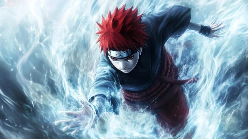 Red haired ninja charging through swirling blue water.