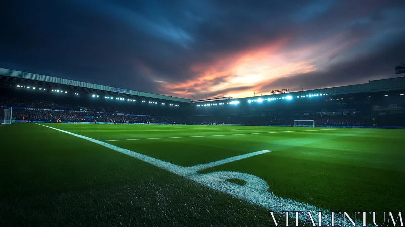 Floodlit football stadium corner under vivid stormy dusk sky.