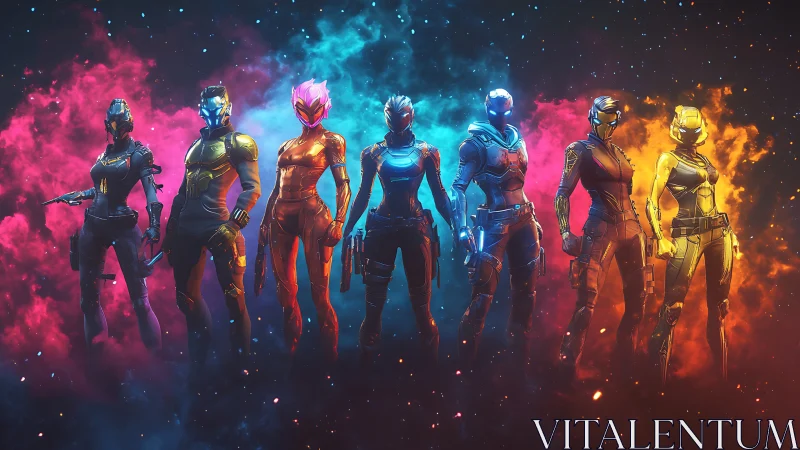 Six armored sci‑fi warriors stand in formation against colored nebulae