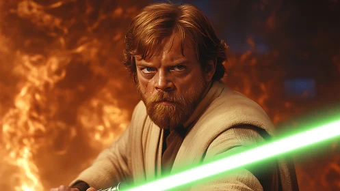 Jedi warrior holds ignited green lightsaber before firestorm