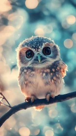 Small owl on branch with defocused circular light bokeh.