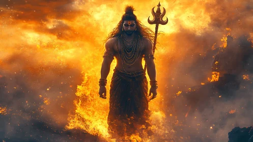 Fire-drenched warrior deity strides through inferno storm.