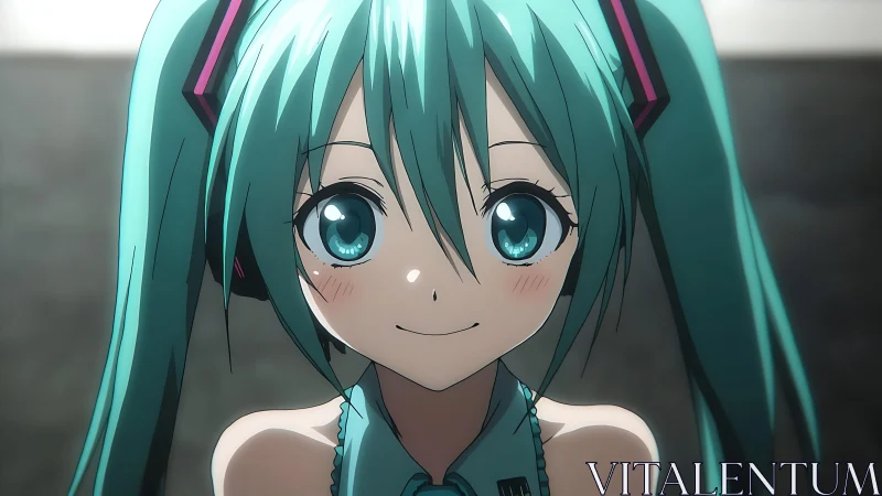 Smiling teal haired anime girl rendered in close frontal view
