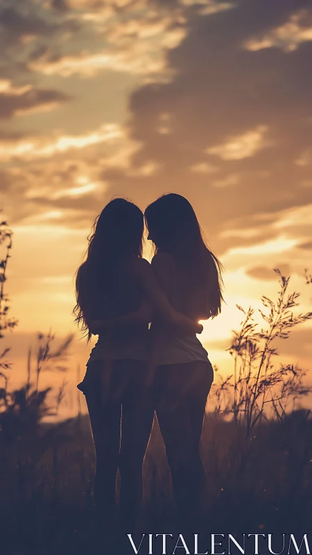 Silhouetted couple embraced beneath a glowing sunset sky.