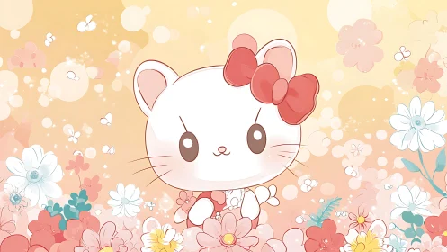Pastel kitten character amid whimsical spring flowers.