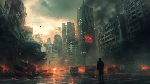 Post-event urban street with fires and solitary figure present.