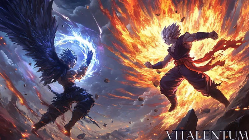 Winged storm versus blazing warrior in apocalyptic clash.