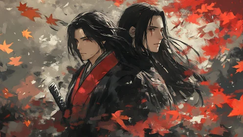 Dual samurai portraits framed by falling crimson maple leaves.