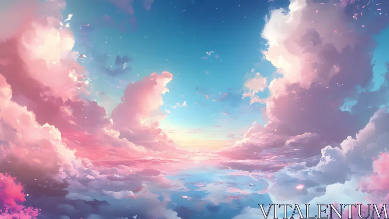Dreamlike pastel sky opens over a tranquil cloud sea.
