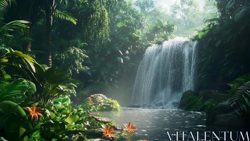 Sunlit tropical waterfall pours into lush jungle pool