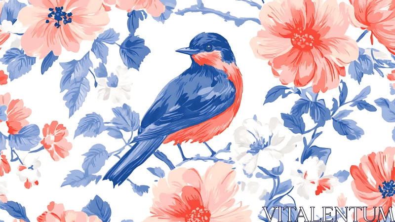 Blue and Coral Songbird with Floral Pattern in Watercolor Style.