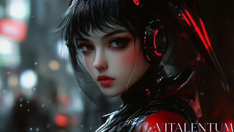 Cybernetic female portrait in red and black lighting.