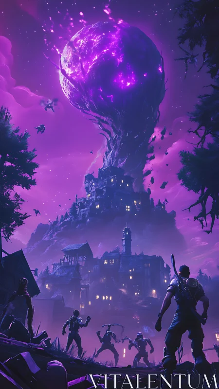 Purple energy sphere above fortified mansion with figures below.