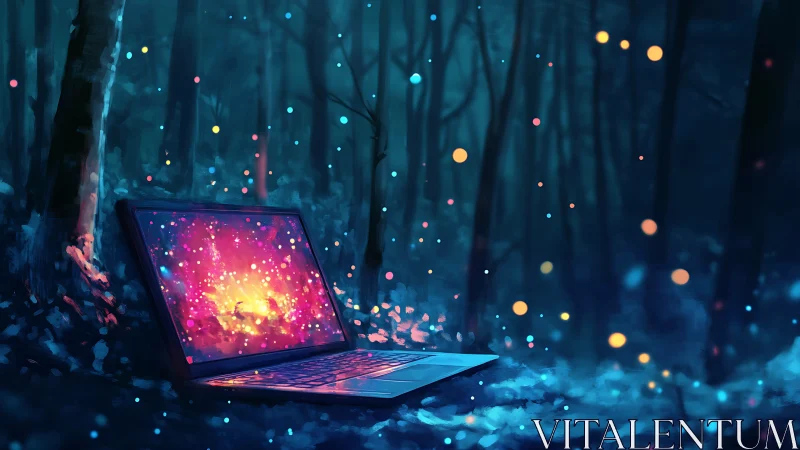 Luminous laptop in nocturnal forest emitting nebula display