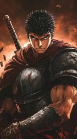 Steel-clad warrior glares through embers that stain the sky