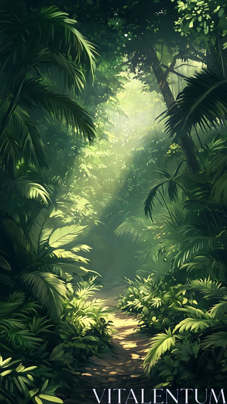 Digital rendering of tropical jungle canopy with dappled light pathways and layered vegetation depth