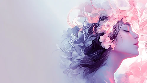 Dreamy floral portrait of a serene woman in soft pastels.