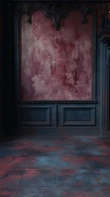 Ornate wall panel frames worn red plaster above tiled floor