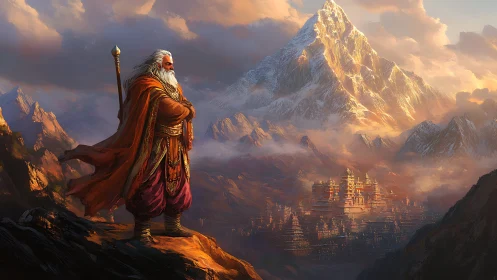 Elderly robed figure overlooking mountain city landscape.