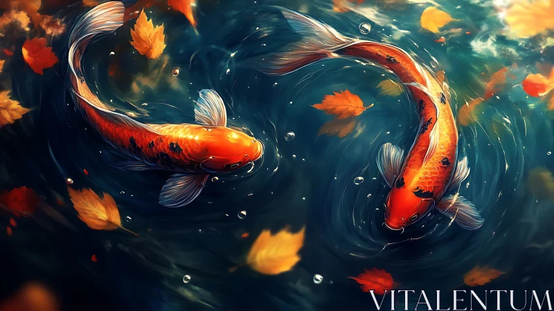 Two koi fish circling in dark pond with drifting leaves.