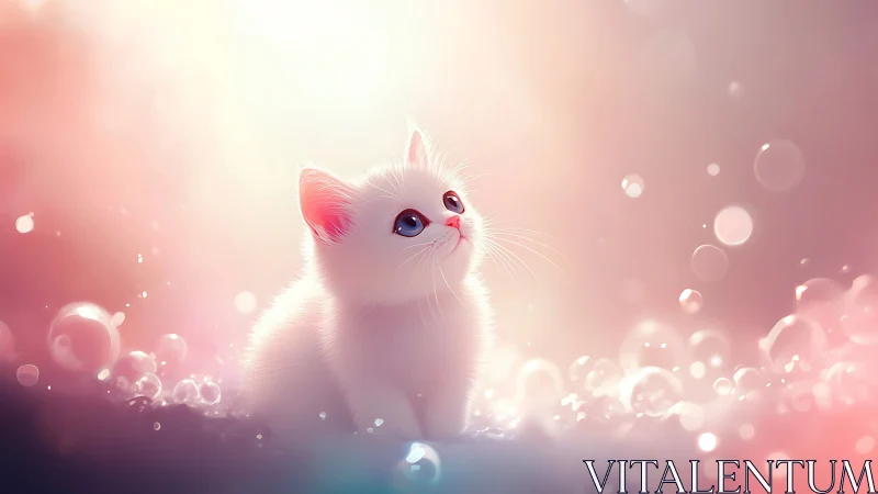 Dreamy White Kitten in Pink Magical Sparkles.