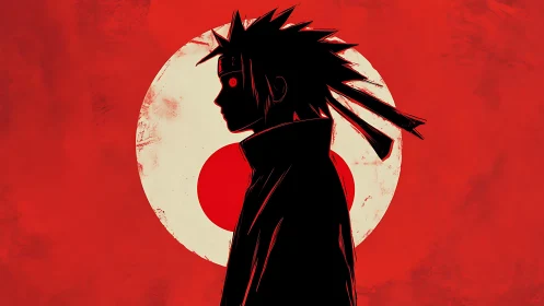 Shadowed ninja silhouette before a burning crimson sun.
