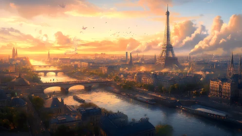 Golden Paris evening glows softly around the calm river