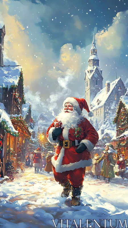 Joyful Santa strolls through a snowy, glowing Christmas village