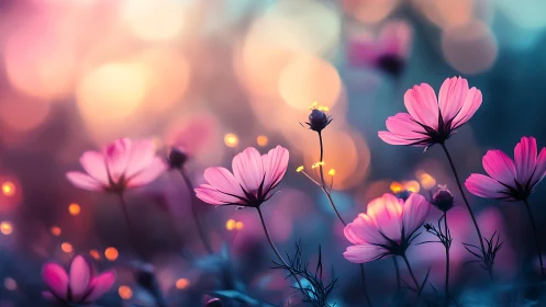 Pink Cosmos Blooms with Bokeh Luminescence.
