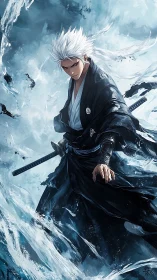 White haired swordsman stands amidst crashing frozen waves